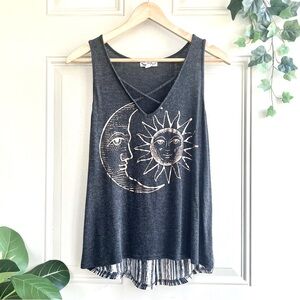 About A Girl Women’s M Moon & Sun Dark Gray V Neck Tank Top